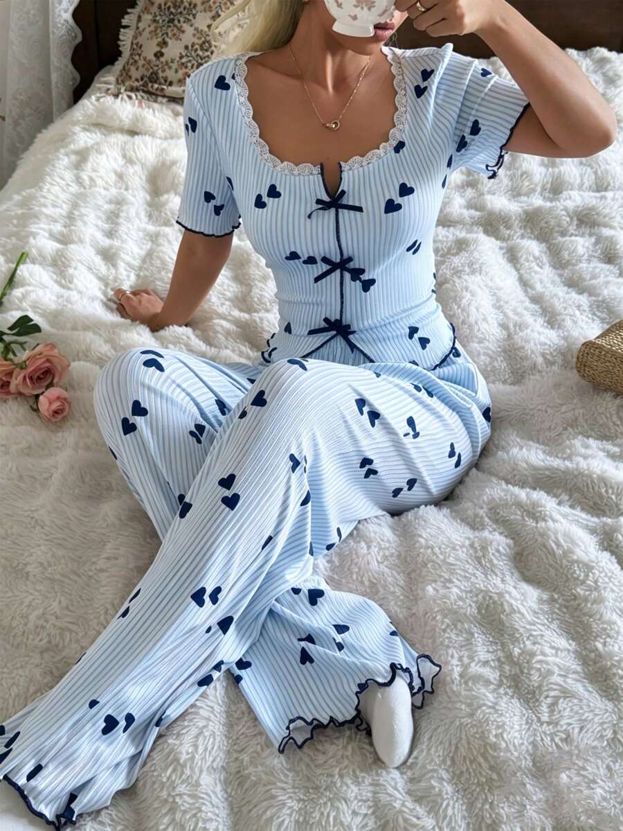 CottageSlumber Women's Romantic Lace Knit Textured Heart & Stripe Print Short Sleeve Pajama Set, 2 Pieces - Multicolor - View 1
