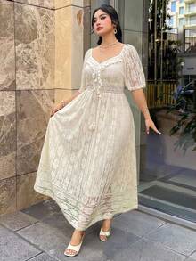 Modelyn Damen Kurzarm Boho Spitze Elegantes bequemes Sommerkleid in Große Größen - Aprikosenfarben - Übersicht 3