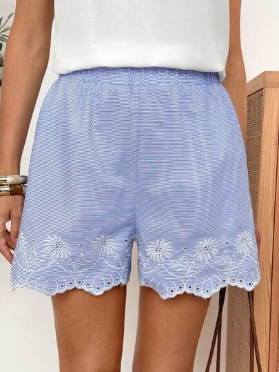 Easowa Blue & White Striped Print Hollow Wave Hem Elastic Waist Shorts For Women