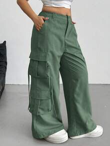 SHEIN CURVE+ Plus Size Women Casual Button Utility Pants, Versatile For Daily Wear - Green - View 3