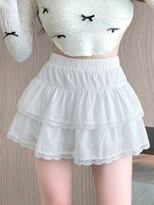 DAZY Women's Solid Color Elastic Waist Lace Ruffle Hem A-Line Skirt - White - View 3