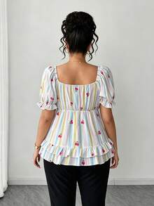 Elenzga Plus Size Waist Cinching Textured Striped Cherry Print Elegant Palace Style Blouse - Multicolor - View 2