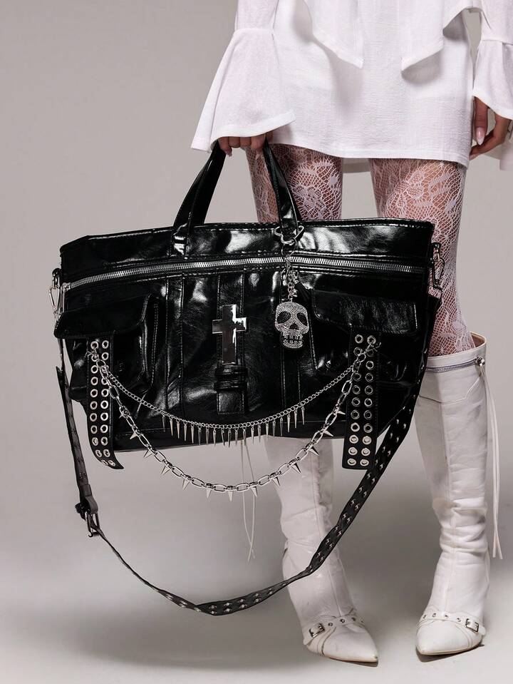 Our Anime 1Pc Black Y2K Garbage Punk Cross Rhinestone Skull
