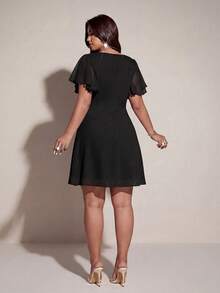 Viva Relle Plus Size Women's Black Summer Elegant Night Out Club Party Dress,Ruffle Short Sleeve Chiffon Mini Dress Embellished With Rhinestones And Pearls - Black - View 2