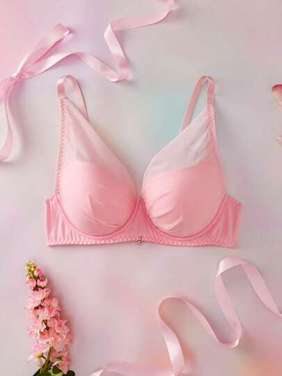 Elorette Pink Underwire Padded Bra, High Support, High Coverage, Lift & Cleavage, Teardrop Cup, Mesh Patchwork, Rhinestone Decor, Shiny, Minimalist, Plus Size