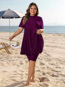 Swim Mulvari Plus Size Women 2pcs Loose Mid-Length Slimming Modest Sunscreen Vacation Burkini Swimwear Set - Violet Purple - View 6