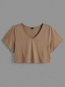 SHEIN BASICS 大尺碼女款素色V領短袖休閒T恤 - 棕色 - 查看 4