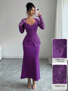Modelyn Square Neck Lace Patchwork Button Waist Fitted Midi Dress For Women - Purple - View 1