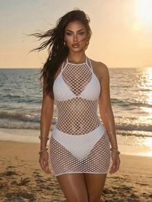 Sirith Sexy White Hollow-Out Sheer Halter Neck Beach Cover-Up Dress For Women - White - View 5
