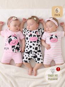 Snug Fit Dog Cartoon Print Pajamas Set, Short Sleeve Top And Shorts, Comfortable Soft Fabric, Suitable For Baby Girl Loungewear, Spring/Summer - Multicolor - View 7