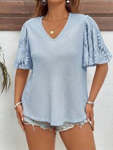 Reflora Camiseta de talla grande con mangas con volantes, de punto de gofre y parches - Celeste - Ver 4