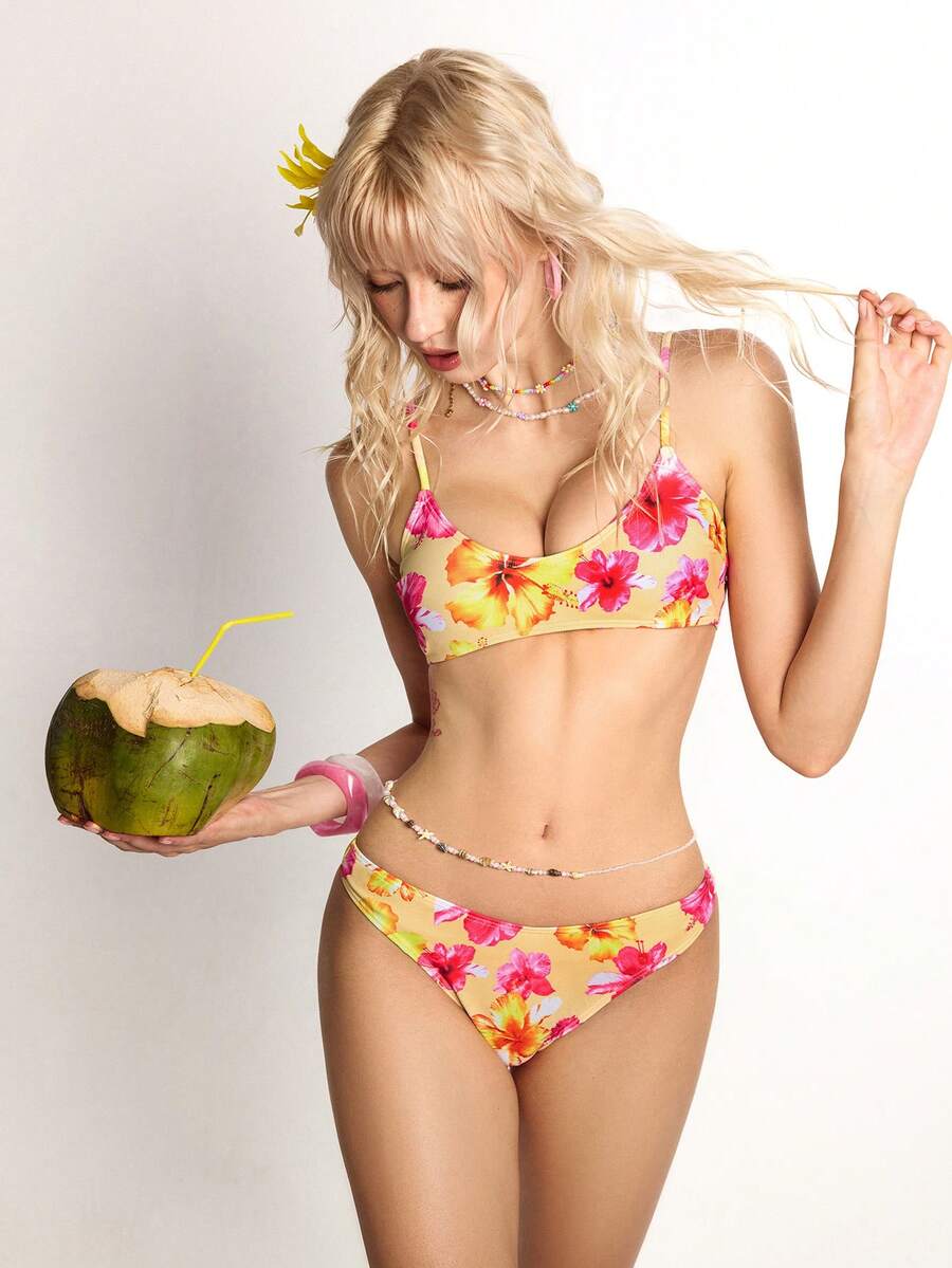 ROMWE Avant Women's Floral Print Spaghetti Strap Bikini Set - Yellow - View 1
