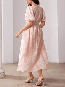 Modelyn V-Neck Petal Sleeve Jacquard Front Button Closure Pink Floral Floral Dress, Spring/Summer Tea Party Cute Elegant - Pink - View 5
