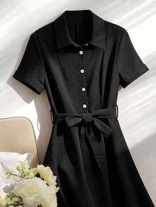 Franclia Elegant Linen Polo Collar Slimming Dress - Black - View 3