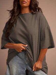 FASHION SZN Áo thun cổ tròn dáng dài 100% cotton size lớn, món đồ cơ bản thiết yếu cho tủ đồ, phong cách Y2K, mặc thoải mái đi sân bay, du lịch, tập Pilates, đi làm và mặc hàng ngày, phong cách tối giản - màu nâu - Xem 3