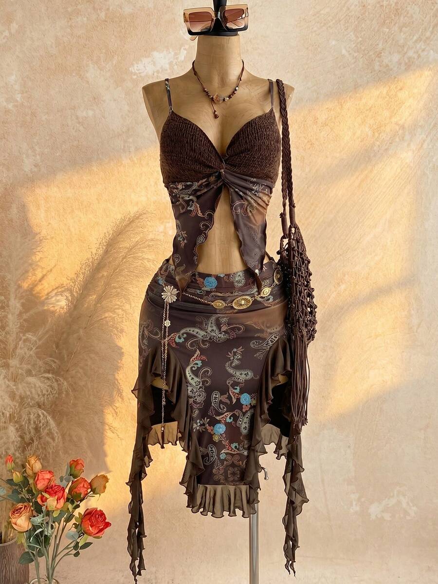 Soleia 女士度假休闲佩斯利印花拼接扭结开衩荷叶边吊带背心和半身裙两件套 - 彩色 - 查看 1