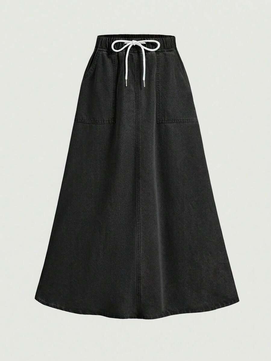 SHEIN MOD 女士抽绳腰纯色休闲牛仔裙 - 黑色 - 查看 1