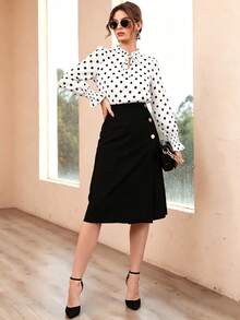 Modelyn 法式圓點繫帶荷葉邊飾長袖寬鬆顯瘦時尚百搭女款襯衫 - 黑與白 - 查看 4