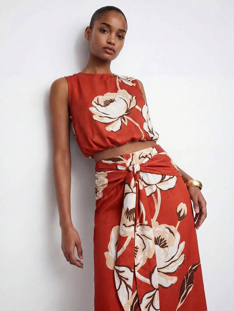 SHEIN Maija Women's Holiday Casual Boho Floral Print Hollow-Out Sleeveless Dress Holiday Vacation Brown Floral Summer,Going Out Outfits,Dresses For Women Summer