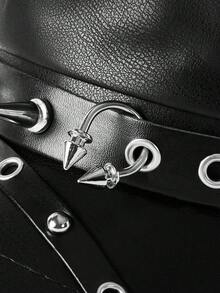MortiRose 1pc Women's Fashion Rivet Decor Metal Leather Belt Buckle Beret Hat - Black - View 10