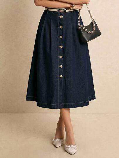 Poéselle 2026 New Arrive, Elegant Casual Women's Front Button Denim Mini Skirt, Summer Skirt, Summer Outfits, Dark Wash Denim, Soft Comfortable Cotton Denim Fabric, Versatile Skirt, A-Line Skirts For Ladies, Elegant Skirts For Ladies, Casual Skirt, Commute Skirt, Denim Skirt, Suitable For Daily Commute, Party, Formal Occasion, Events, Office Wear, Vacation, Resort, Holiday, Festival, Going Out, Wedding Guest, Summer Vacation, Urban Commuting, Elegant-A, Versatile-A.