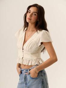 Willow Rêve Blusa de chifón con botones delanteros, volantes y encaje, romántica - Beis - Ver 4