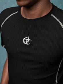 Men's Comfortable Star Print Contrast Stitching Slim Fit Short Sleeve T-Shirt Compression Shirts For Men Running Shirt For Men Rashguard For Men Pro Club Tshirt For Men World Cup Soccer 2026, Couple Matching Outfit Vacation. - Black - View 7