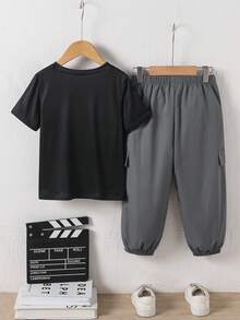 男童春夏两件套服装 - 印花黑色短袖T恤搭配工装裤，休闲百搭套装 - 灰色 - 查看 3
