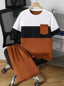 SHEIN 2pcs/Set Teenage Boys' Summer Colorblock Letter Splice Round Neck Short Sleeve T-Shirt And Outdoor Casual Fashion 3D Letter Sports Shorts - Black - View 7