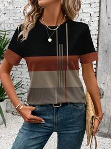SHEIN LUNE Casual Patchwork Pattern Round Neck Short Sleeve Loose Women T-Shirt, Autumn/Summer Suitable For Going Out Everyday Black - Multicolor - View 4