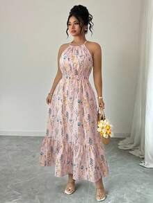 SHEIN LUNE Plus Size Women's Elegant Boho Loose Waist-Cinched A-Line Printed Halter Dress, Suitable For Vacation And Everyday Wear, Spring/Summer Pink Floral - Pink - View 7