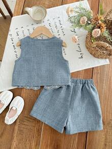 LMoss Kids 2pcs Young Girl Woven Solid Color Casual Vest And Shorts Set - Baby Blue - View 2