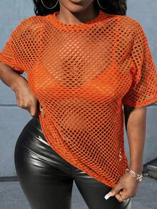 Slaydiva Plus Size Casual Street Style Black Sheer Loose 3/4 Sleeve Round Neck Regular Length T-Shirt, Spring/Autumn - Orange - View 1