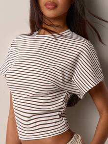 COSMINA Women's Striped Fitted Casual Daily T-Shirt - Brown - View 5