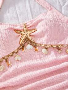 Tween Girls 2pcs/Set Solid Color Metal Decor Halter Top And Shorts Casual Daily Outfit, Summer, Minimalist, Comfortable - Pink - View 4