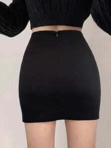 DAZY Women's Solid Color Asymmetric Hem Bodycon Elegant Skirt - Black - View 5