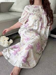 Dazy Plus Floral Print Loose Contrast Lace Elegant Long Nightgown, Plus Size Women Spring/Summer Sleepwear - Purple - View 1