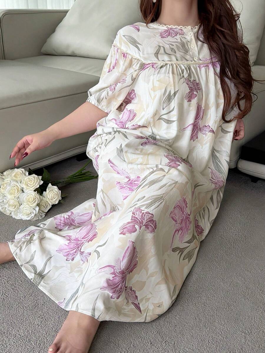 Dazy Plus Floral Print Loose Contrast Lace Elegant Long Nightgown, Plus Size Women Spring/Summer Sleepwear - Purple - View 1