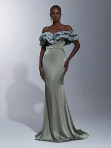 Elitara Elegant Minimalist Classical Design Woven Off-Shoulder Romantic Pleated Double-Layer Mermaid Hem Formal Evening Gown - Green - View 2