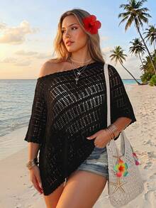 SHEIN ICON Áo dệt kim móc cổ lệch màu đen cỡ lớn dành cho nữ - màu đen - Xem 7