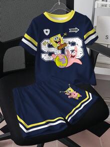 SpongeBob SquarePants | SHEIN 男童条纹圆领短袖T恤和休闲短裤两件套 - 白色 - 查看 3