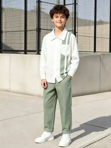 SHEIN Conjunto de 2 piezas para niño preadolescente caballero: Camisa verde de manga larga + Corbata de moño + Pantalones verdes, conjunto elegante para fiesta de cumpleaños, boda, recital, ceremonia de graduación, ocasiones formales - Multicolor - Ver 3