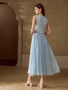 MOTF PREMIUM ELEGANT COMMUTER LIGHTWEIGHT DRESS, V-NECK SLEEVELESS WAIST CINCHED FLARED DRESS WITH LACE & CHIFFON PANELS, LIGHT BLUE, SPRING/SUMMER - Baby Blue - View 3