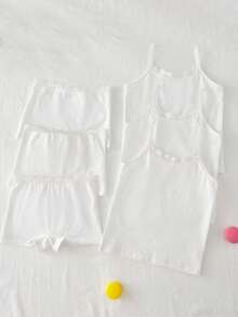 6pcs/Set Young Girl' Basic Sweet Minimalist Multi-Color Lace Trim Camisole & Boyshort Underwear Set Girl Cotton Shorts Sets 6t Summer - White - View 4