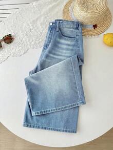 SHEIN Girls'Y2K Style Loose Bermuda Light Blue Denim Jeans,7/8 Length,Mid-Rise Washed Summer Casual School Back-To-School Cute & Cool Outfit For Travel - Blue - View 5