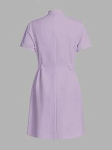 TaskEZ 女式手术服制服纽扣前开襟医院护士手术服连衣裙实验服 - 紫色 - 查看 6