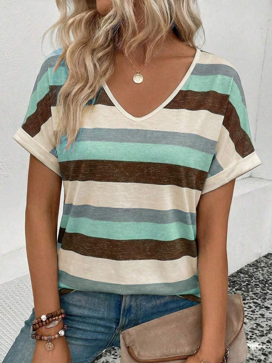 EMERY ROSE Áo thun nữ mùa hè phong cách casual đi chơi & đi làm, phối màu colorblock, họa tiết kẻ sọc, cổ chữ V, tay cánh dơi, dáng rộng - Nhiều màu - Xem 1