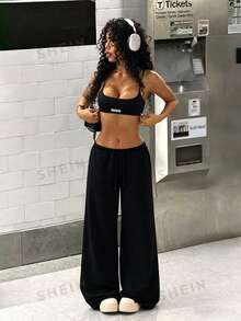 StreetHx Streetwear Women Summer Crop Top & Straight Leg Sweatpants 2 Pieces Set - Black - View 5