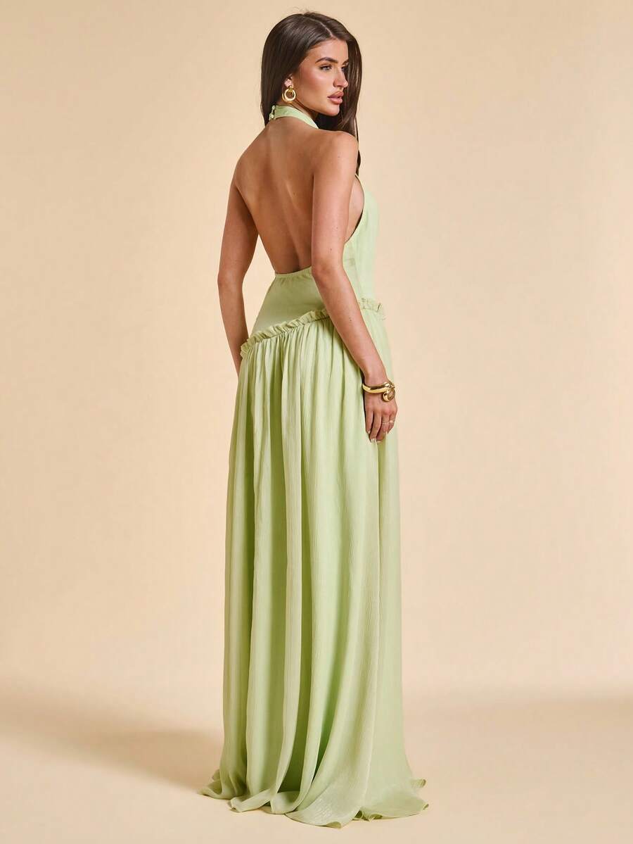 SHEIN BAE 女士纯色褶皱吊带休闲派对连衣裙 - 綠色 - 查看 1