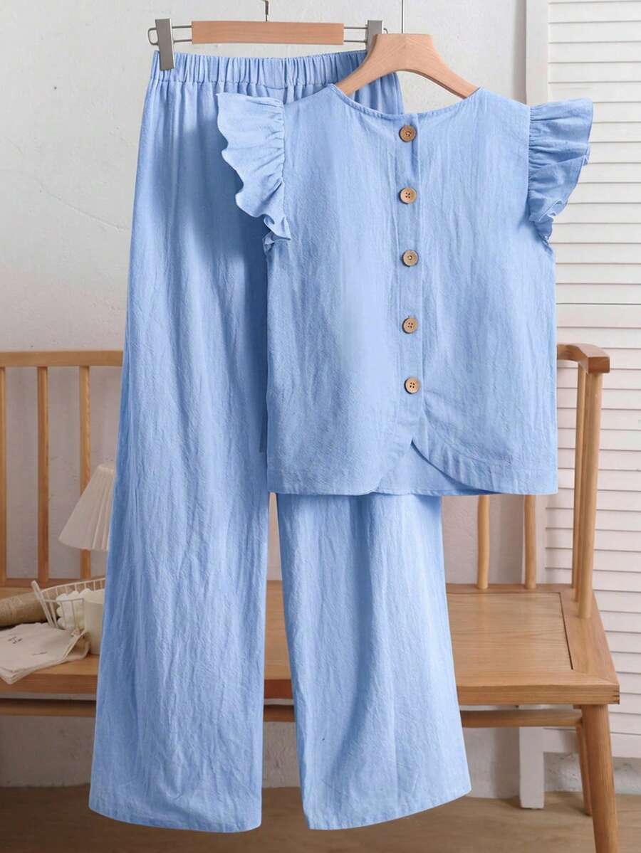 SHEIN 2pcs/Set Girls Casual Ruffle Trim Round Neck Blouse & Loose Woven Pants, Suitable For Parties, Commuting, Shopping, Birthday Parties, And More - Blue - View 1